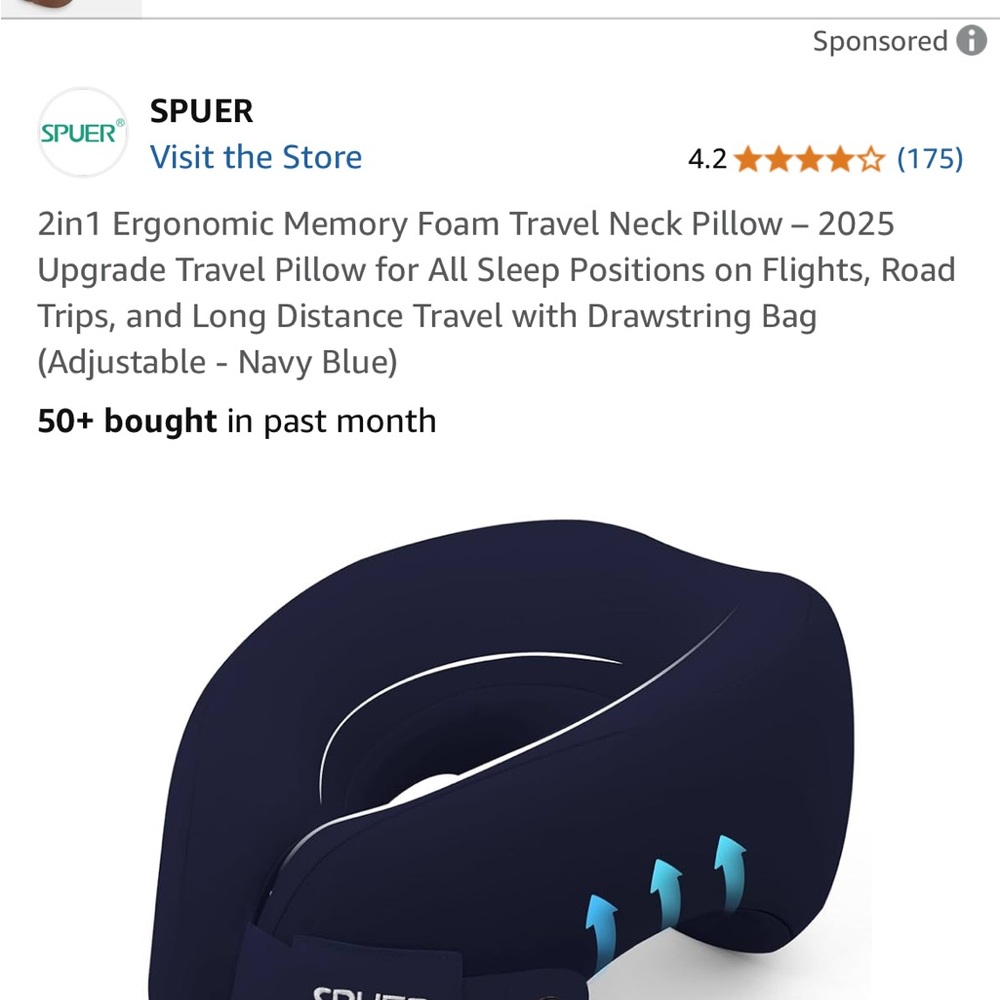 Navy Blue Ergonomic Memory Foam Travel Neck Pillow